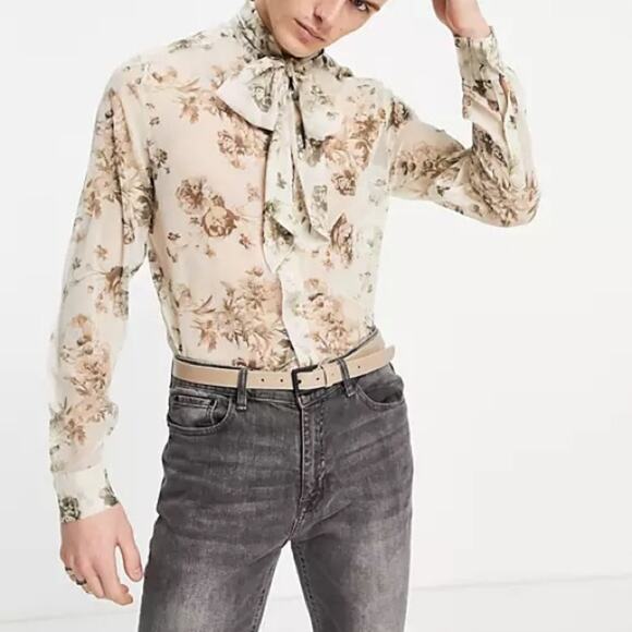 ASOS DESIGN Unisex Sheer Floral Vintage Blouse MEDIUM Neck Bow Shirt - Picture 5 of 10